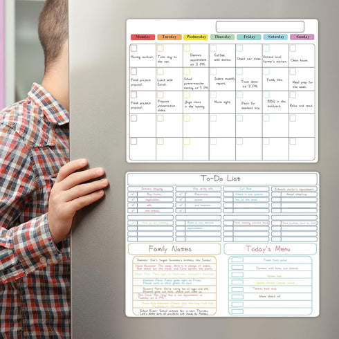 2 Pack Magnetic Dry Erase Board Set for Fridge Wall 16x12 inch, Calendar Whiteboard Customizable Weekly Monthly Planner Daily Notepads, includes 8...