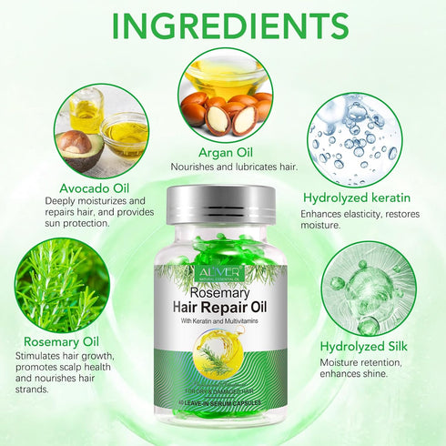 Organic Rosemary Hair Oil Capsules 40 PCS, Rosemary & Argan & Avocado Hair Growth Oil for Frizz Dry&Damaged Hair, Deep Moisturizing Hair Heat Prot...