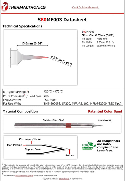 Thermaltronics S80MF003 Micro Fine 0.25mm (0.01in) interchangeable for Metcal SSC-890A...