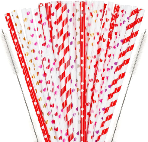 JANYUN 40 Pieces Valentine's Day Drinking Straws BPA-Free 9" Printing Hard Platic Valentine Holiday Reusable Straws for Family or Party Favors Sup...