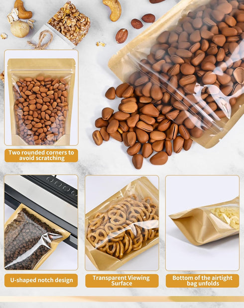 FireKylin 100 PCS Stand Up Pouches,3.9" x 5.9" Kraft Bags With Window Clear Fornt Pouches Resealable Zip Lock Food Storage Brown...