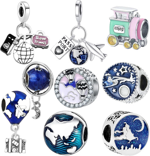 9 Pack Silver Spacers Charms fit Pandora Bracelet Beads Travel Case and Vacation CZ Pendant Balloons Set Star Moon Dangle...