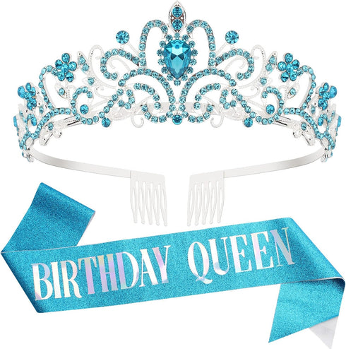 Birthday Crowns for Women, Tiaras and Crown for Women, Tiara for Women Birthday Queen, Birthday Crown and Sash for Women, Blue Rhinestone Queen Ti...