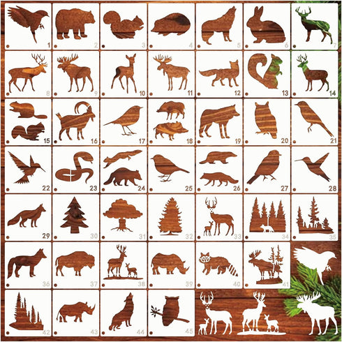 45pcs Forest Animals Stencils for Painting on Wood Wilderness Tree Stencils Paint Wildlife Burning Patterns Bears Deers Template on Art Craft Canv...