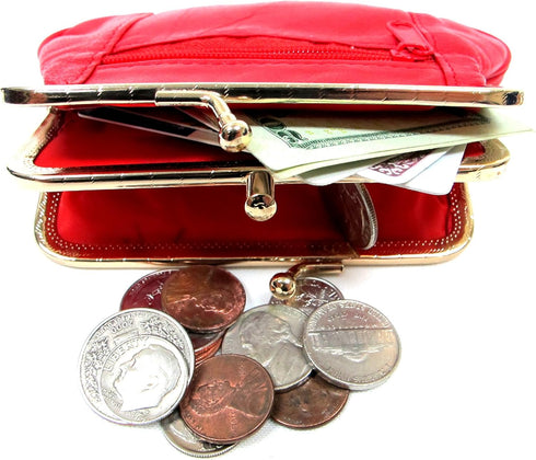 Womens Leather Mini Wallet ID Credit Cards Cash Coin Holder Case Organizer Purse with Framed & Zipper Closures - RED, (COIN03-RED)...