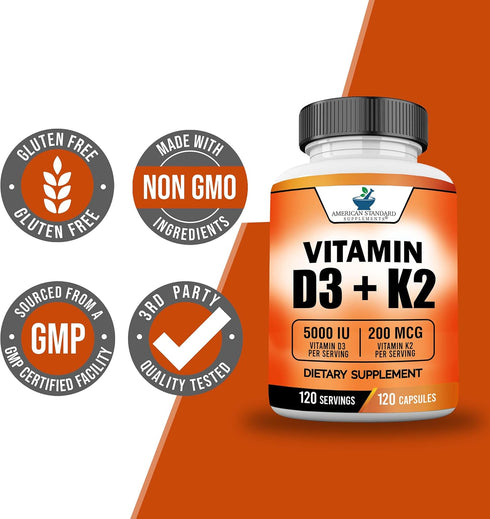 American Standard Supplements Vitamin D3 5000 IU (125mcg) Plus Vitamin K2 (MK7) 200mcg Per Capsule - Gluten Free, Non-GMO, 120 Capsules, 120 Servi...