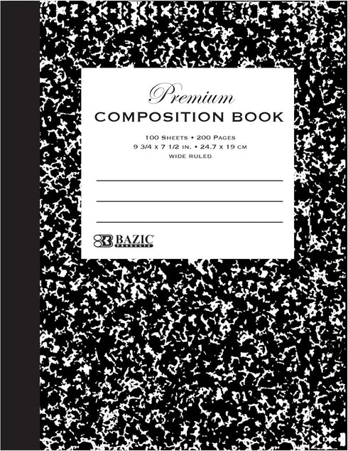 BAZIC Composition Book Wide Ruled 100 Sheet, Premium Black Marble Notebook, Writing Journal Comp Lined Notebooks for Office School, 1-Pack...