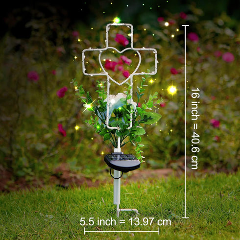 16 Inch Solar Cross Garden Stake Lights with 1 Artificial Flower Metal Garden Art for Patio Lawn Garden Decor Solar Outdoor love Sign for Gravesit...