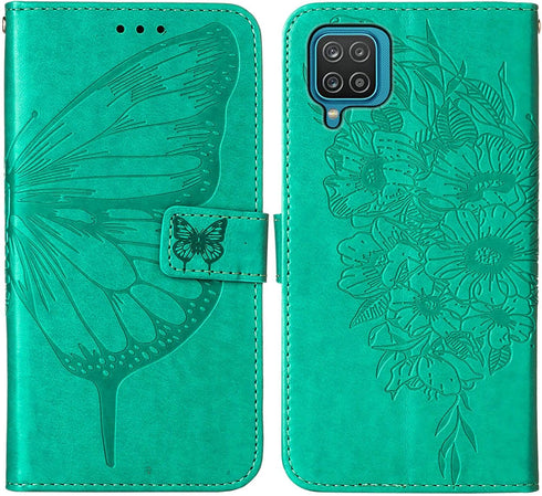 for Samsung Galaxy A12 Flip Cover Phone Case Wallet | Butterfly Floral Embossed, Wrist Strap, Card Holder Slots, Stand Leather Protective (Green)...