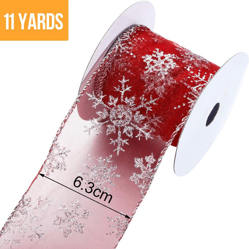 Boao 2.5 Inch Wide Organza Ribbon Snowflake Wired Sheer Glitter Ribbon with Spool for Christmas Decoration, Gift Wrapping, Party Decoration (Red, ...