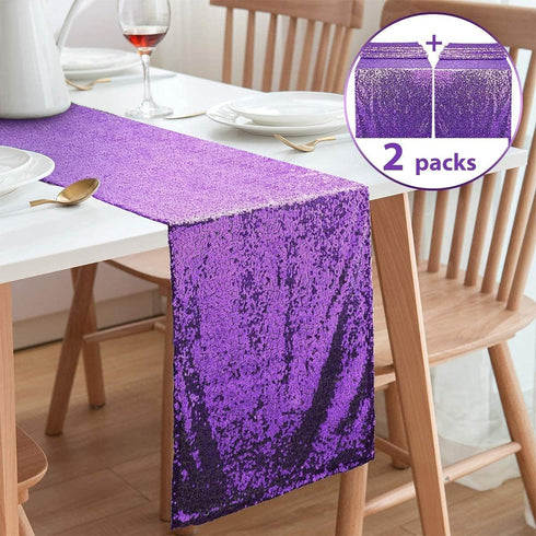 Purple Table Runners 12''x108'', 2 Packs Glitter Fabric Sequin Table Runner for Baby Shower Graduation Celebration Birthday Summer Wedding Mardi G...