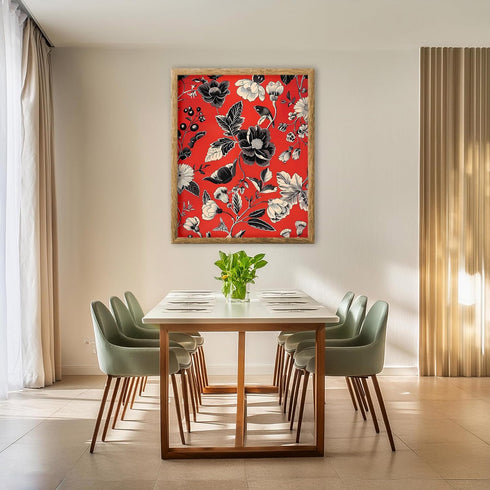 Posterizer 1 pcs-dainty black and white flowers with red background-Floral & Botanical Art-Abstract & Modern Art-Decor for Home & Office- UNFRAMED...