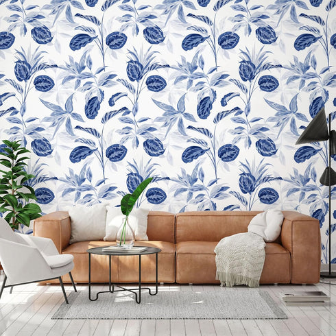 Palm Tree Leaf Navy Blue and White Floral Wallpaper Peel and Stick Tropical Wallpaper Jungle Contact Wall Paper Leaves Flower Watercolor Bathroom ...