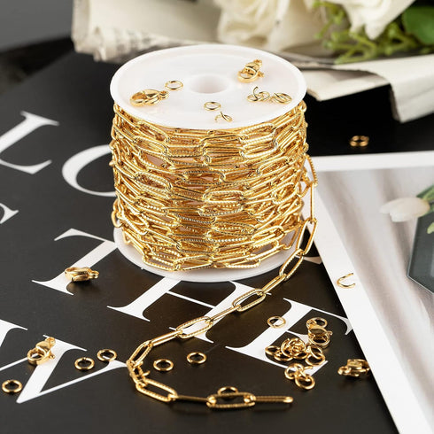 KYUNHOO 5M Gold Plated Stainless Steel Chain for Jewelry Making 4mm Wide Embossed Oval Paperclip Chain Bulk Soldered Jewelry Chain Spool with Lobs...