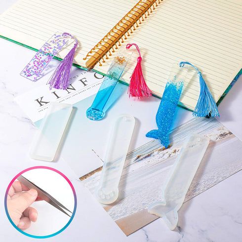 10 Pieces Silicone Bookmark Resin Mold DIY Bookmark Mould Epoxy Resin Casting Mold in 10 Cute Styles with 20 Pieces Random Color Tassels Craft, 20...
