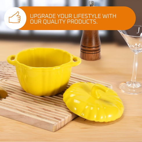 Bruntmor Ceramic Ramekins with lids oven safe - Serving Pot for Food, Soup - Adorable Pumpkin-Shaped Tabletop Decoration - Locks in Flavor with Po...