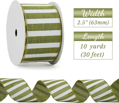 Sage Green Wired Ribbon 2.5" Horizontal White Stripe Wired Edge Burlap Ribbon Farmhouse Wire Ribbon for Wreaths Crafts Supplies Gift Wrapping Bows...