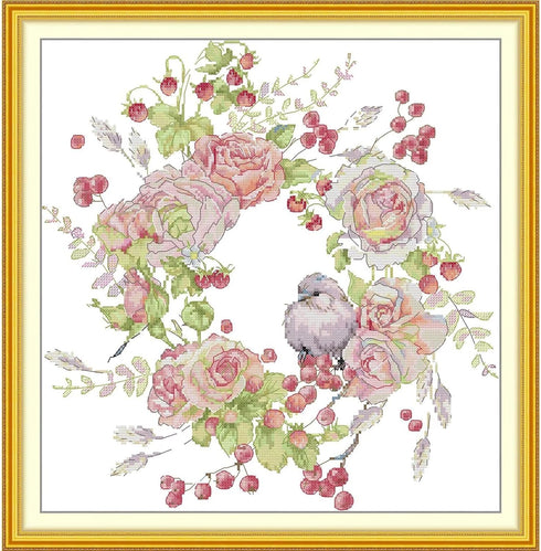 ITSTITCH Stamped Cross Stitch Kits - Full Set of Embroidery for Beginners or Adults,14 CT 2 Strands DIY Birdie Rose Wreath Patterns Counted Arts C...