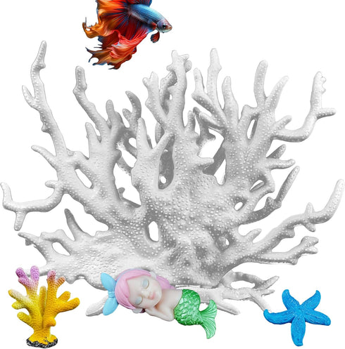 Aquarium Fish Tank Decorations Kit, Artificial Coral+Starfish+Mermaid+Plastic Coral, Betta Fish Tank Decor Ornament Landscape for Fresh...