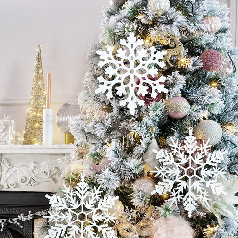 6pcs Large White Snowflakes Ornaments 12” Big Plastic Glitter Snowflake for Winter Indoor Outdoor Christmas Tree Window Room Decorations Giant Cra...