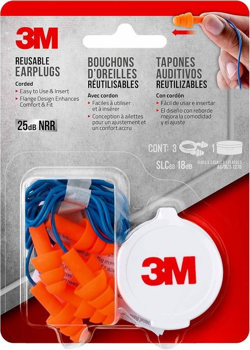 3M Corded Reusable Earplugs, 3 Pack, Noise Reduction Rating (NRR) 25 dB, Easy To Use & Insert, Pliable & Tri-Flange Design Enhances Comfort & Fit,...