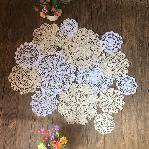 MINDPLUS Set of 14 Hand Crochet Doilies Cotton Crocheted Lace Doilies 4-10 Inches Round White Beige Vintage Wedding Tea Party...