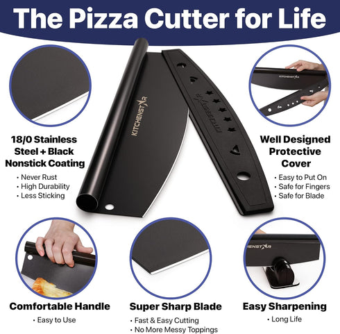 KitchenStar 18-Inch Pizza Cutter Rocker Blade - Sharp Stainless Steel Slicer Knife, Protective Cover, Black Nonstick, Extra Large - Commercial Piz...