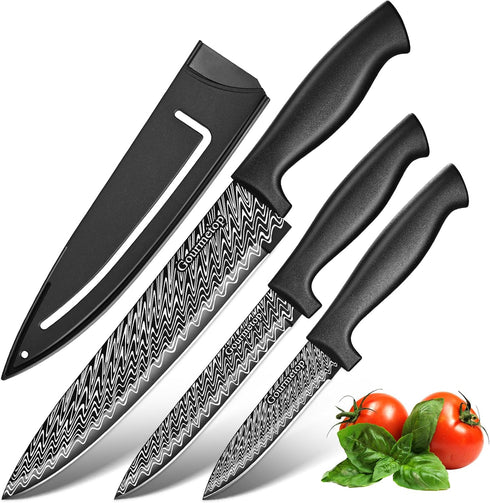 3 Pcs Kitchen Knife Set with Cover, Black Knives Set for Kitchen Stainless Steel, Damascus Pattern Chef Knife set with Sheath, Sharp Cutting Knive...
