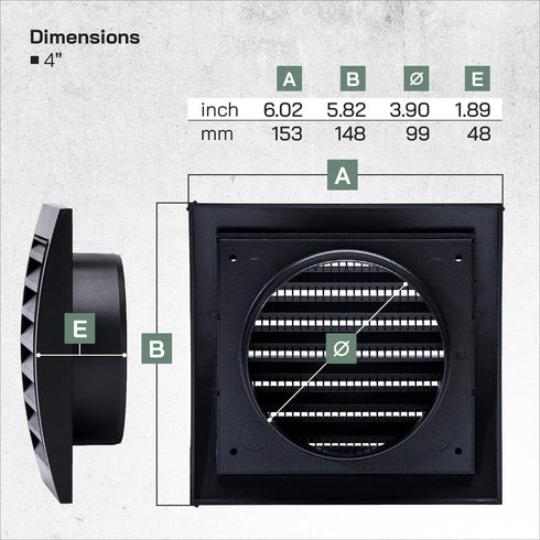 Vent Systems 4'' Inch Anthracite Air Vent Cover Dryer Vents and Bathroom Exhaust Vents Pipe, Louvered Dryer Vent Cover - Exhaust, Supply Air Regis...