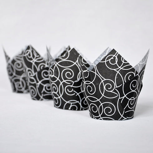 Muffin Greaseproof paper Baking cupcake cups, 2"(Bottom diameter) x 3-1/2"(Height) Black Fancy Floral Print Tulip Baking Cup Case of 125 pcs (125,...