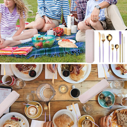 AARAINBOW 8 Pieces Stainless Steel Flatware Set Portable Reusable Cutlery Set Travel Utensils Set Including Chopsticks Knife Fork Spoon Straws Cle...