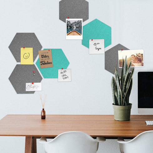 Navaris Hexagon Felt Board Tiles - Set of 12 Notice Memo Bulletin Boards with Push Pins and Double-Sided Tape 5.9" x 6.7" - Dark Gray, Turquoise...