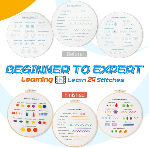 3 Sets Embroidery Kit for Beginners Adults and 2 Pieces Water Soluble Stabilizer for Embroidery?Learn 29 Different Stitches,Easy to Follow Instruc...