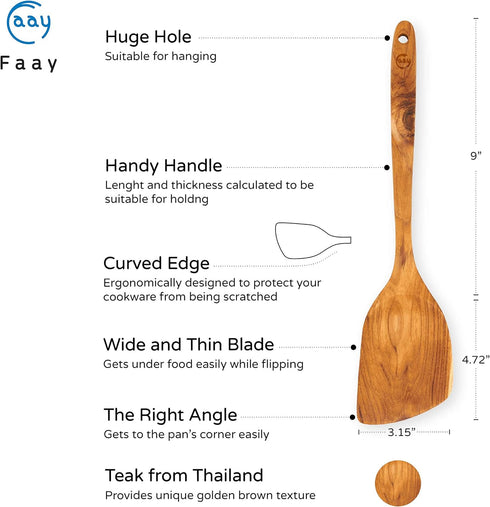 FAAY 13.5” Stir Fry Wooden Spatula for RIGHT Hand, Ergonomic Handle Saute Paddle, Healthy Wood Turner, Handcraft from High Moist Resistance Golden...