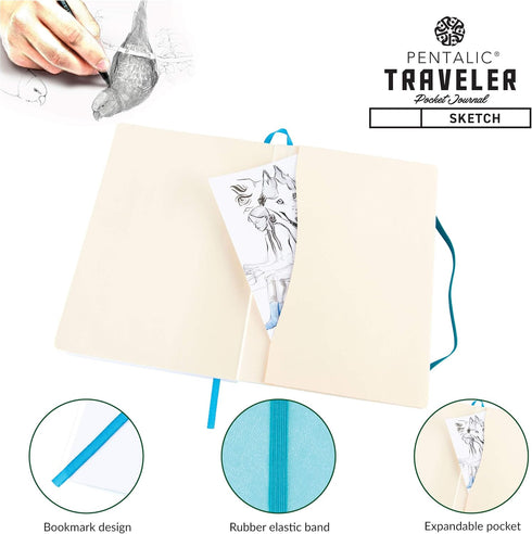 Pentalic 6" x 8" Pocket Sketchbook Traveler Journal, 160 Pages, Turquoise...