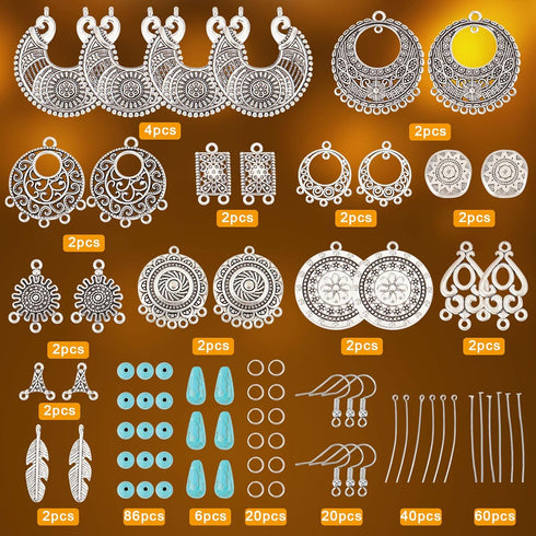 SUNNYCLUE 1 Box DIY 10 Pairs Tibetan Style Chandelier Charms Earrings Making Kit Flower Charm Flat Round Linking Charm Synthetic Turquoise Beads F...