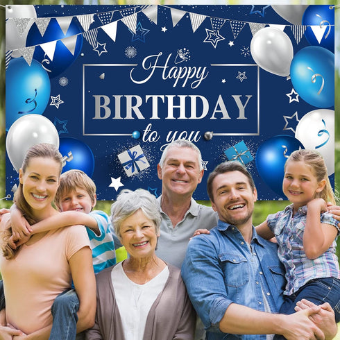 Sumind Happy Birthday Decorations Backdrop Banner, Navy Blue and Silver Party Decoration Banner Sign Photo Background for Men Women Birthday Suppl...