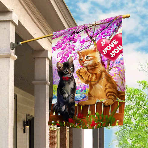Texupday Cute Cats kitty With Love Heart Balloon Fence Decoration Valentine's Day House Flag Outdoor Wedding Yard Flag 28" x 40"...