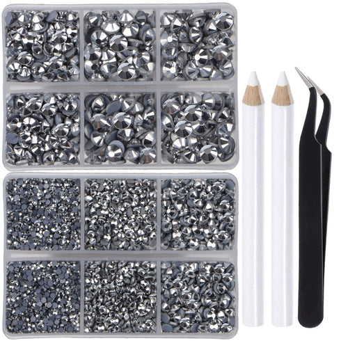 LPBeads 6400 Pieces Hotfix Rhinestones Metallic Silver Flat Back 5 Mixed Sizes Crystal Round Glass Gems with Tweezers and Picking Rhinestones Pen...