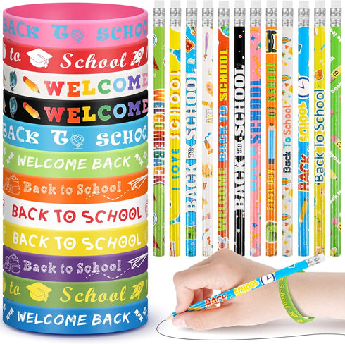 Sabary 48 Pcs Back to School Pencils Silicone Bracelets Set Back to School Party Favor for Kids First Day of School Bulk Pencils Bracelets Gifts f...