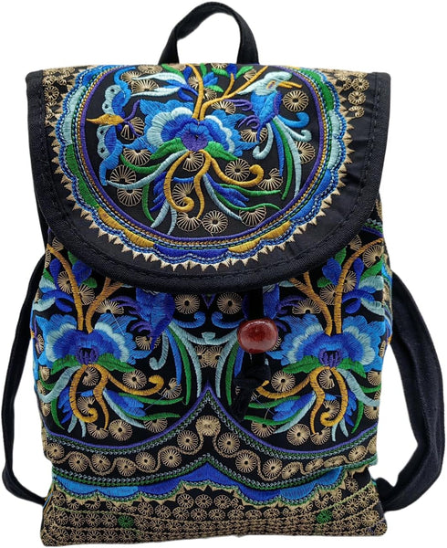 Vintage Embroidered Women Backpack Ethnic Travel Handbag Shoulder Bag Crossbody Bag Travel Bags (Blue Flowers -Small)...
