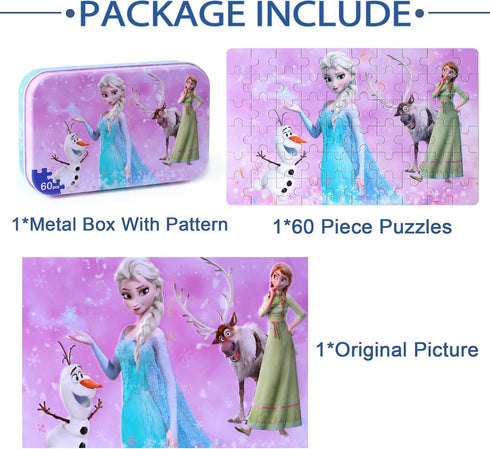 LELEMON Pretty Girl Puzzles for Kids Ages 4-8, 60 Piece Snowman Puzzles for Kids Ages 3-5,Children Jigsaw Puzzles Kids Puzzles in a Metal Box,Educ...
