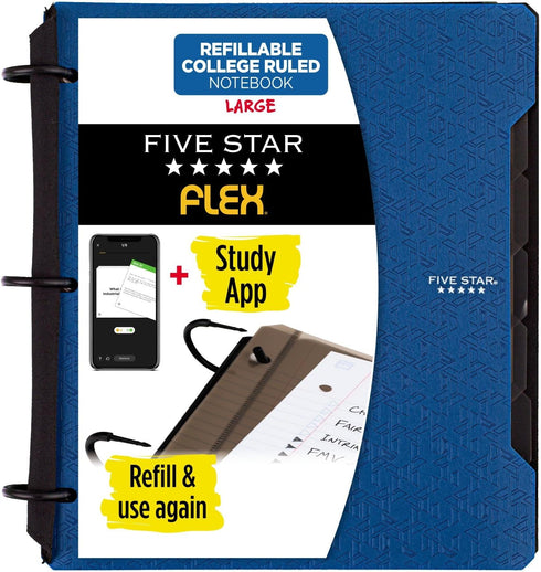 Five Star Flex Refillable Notebook + Study App, College Ruled Paper, 1 Inch TechLock Rings, Pockets, Tabs and Dividers, 200 Sheet Capacity, Pacifi...