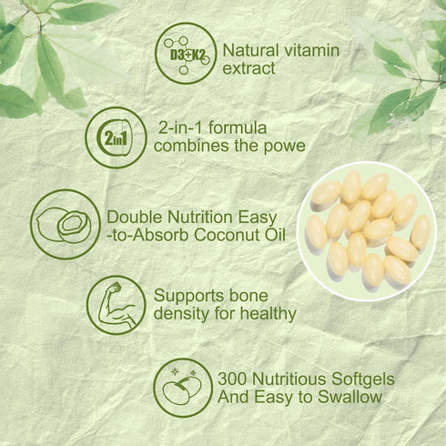 2-in-1 Vitamin D3 K2 Supplement Softgel, 10000 IU VIT D3 + 200 MCG Vitamin K2, Free of GMO, Gluten, Soy, Bone Health, Cardiovascular Health Suppor...