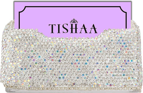 TISHAA Business Card Holder Stand - Bling Name Cards Office Desk Desktop Table Top Organizer Luxury Display Pocket Case Accessories White Crystal ...