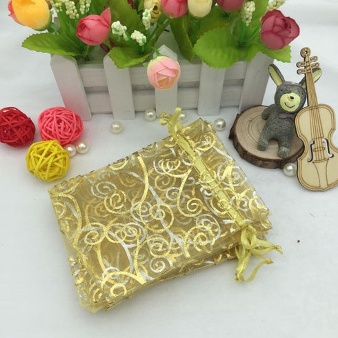 100pcs Sheer Organza Favor Bags For Wedding Baby Shower Rattan Print Gift Bags Samples Display Drawstring Pouches (3x4 inch, gold)...