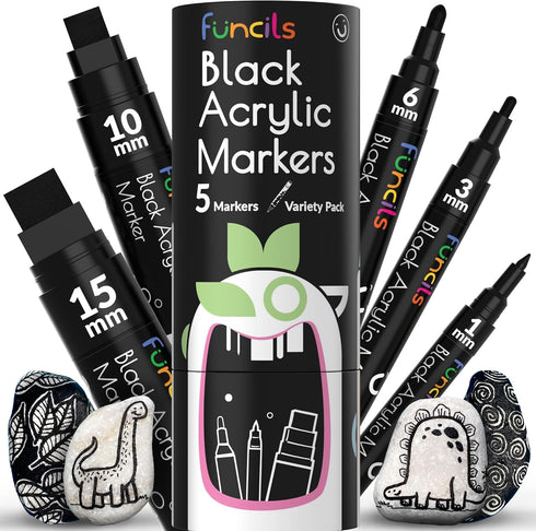 5 Acrylic Black Paint Pen - Fine Tip, Thin Point & Jumbo Pens (1mm, 3mm, 6mm, 10mm, 15mm) - Black Paint Marker for Plastic, Canvas, Wood, Rock Pai...