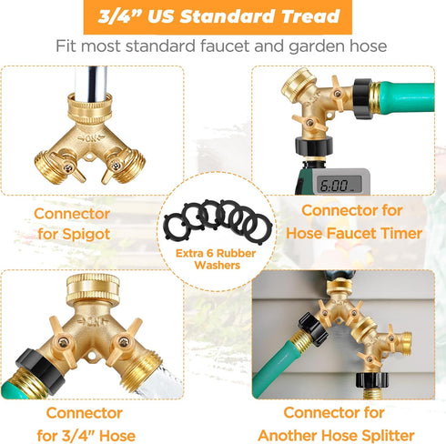 IPOW Garden Hose Splitter 2 Way Heavy Duty with Upgraded Handles, Solid Brass Water Faucet Y Splitter Hose Bib Splitter Connector Adapter with Com...