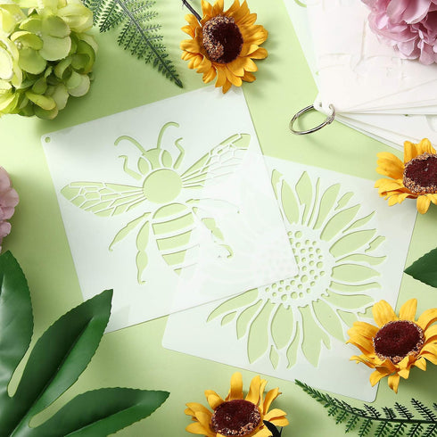 16 Pieces Flower Stencil for Painting Bee Sunflower Butterfly Spring Stencil Large Template Reusable Summer Painting Stencil and Metal Open Ring f...
