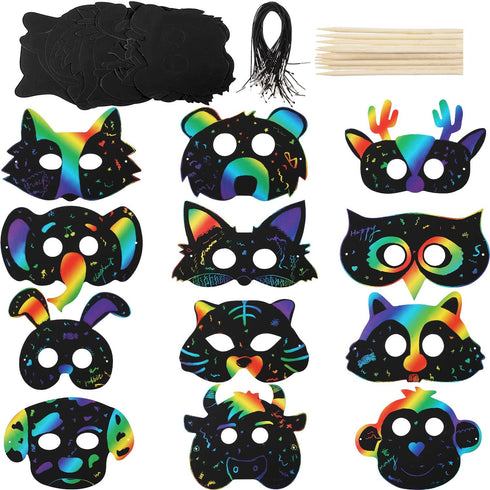 36 Pieces Scratch Paper Animal Masks Scratch Rainbow Masks with Elastic Cords and 12 Pieces Wood Stylus for Costume Dress up Parties Decorations a...